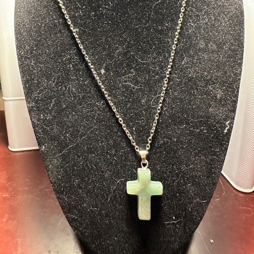 Green Aventurine Stone Cross Pendant Necklace Faux Silver Chain Spiritual Gift